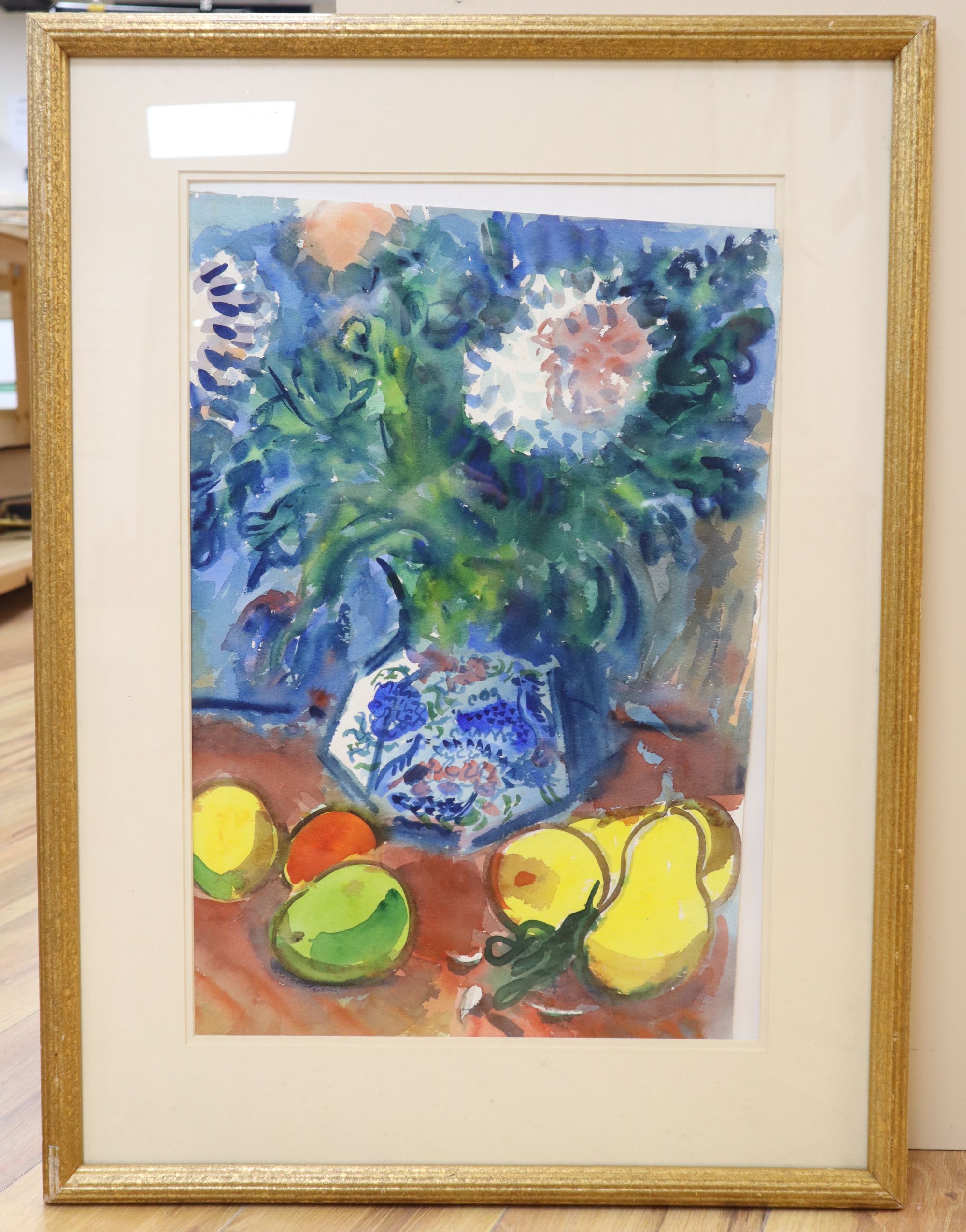 Sullivan, watercolour, Still life of flowers in a vase and fruit, signed, 55 x 37cm